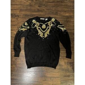 Vintage 90'S Dana Scott Black With Gold Sequin Long Sleeve Sweater Sz S